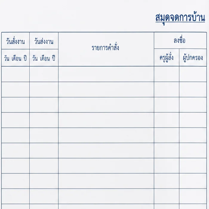 ตัวอย่างสมุดจดการบ้านใหม่ แสดงวันสั่งงาน วันส่งงาน รายการคำสั่ง ครูผู้สั่ง และผู้ปกครอง